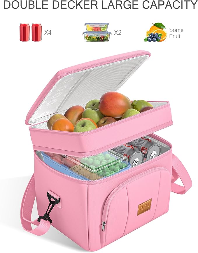 Rnivvi Lunch Box for Women, Double Decker Insulated Cooler Bag Lunch Bag Reusable Leakproof Tote Lunch Container with Strap for Work Family Picnic Hiking Camping, 18 Cans 12L, Large Adults, Pink