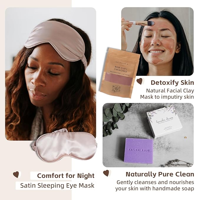 Natural Amor Spa Gift Set for Women – Handmade Lavender Soap, Rose Clay Mask, Candle, Rose Bath Salt & Sleep Mask – Relaxing Self Care Kit, Birthday Gift Box for Her
