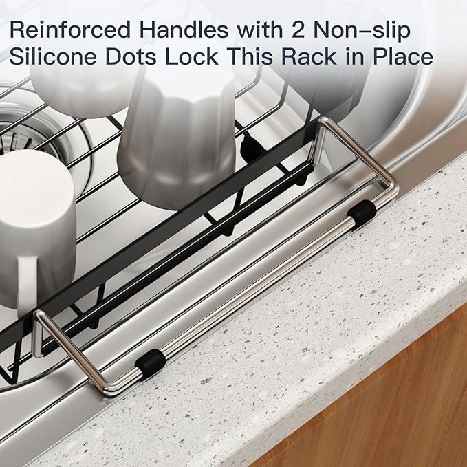 MAJALiS Small Expandable Over The Sink Dish Drying Rack Drainer In Stainless Steel Metal For Kitchen, Counter Space Saving Compact Plate Dryer Strainer Adjustable Hanging Inside Sink Wire Drain Holder