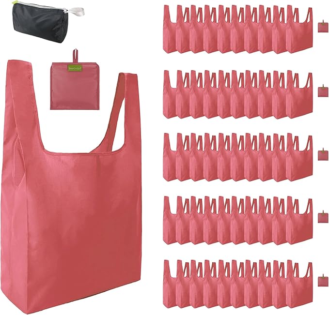 BeeGreen Pink Reusable Grocery Bags Wholesale Reusable Kitchen Bags Bulk Foldable - Machine Washable with Zipper Storage Pouch, 50 Packs