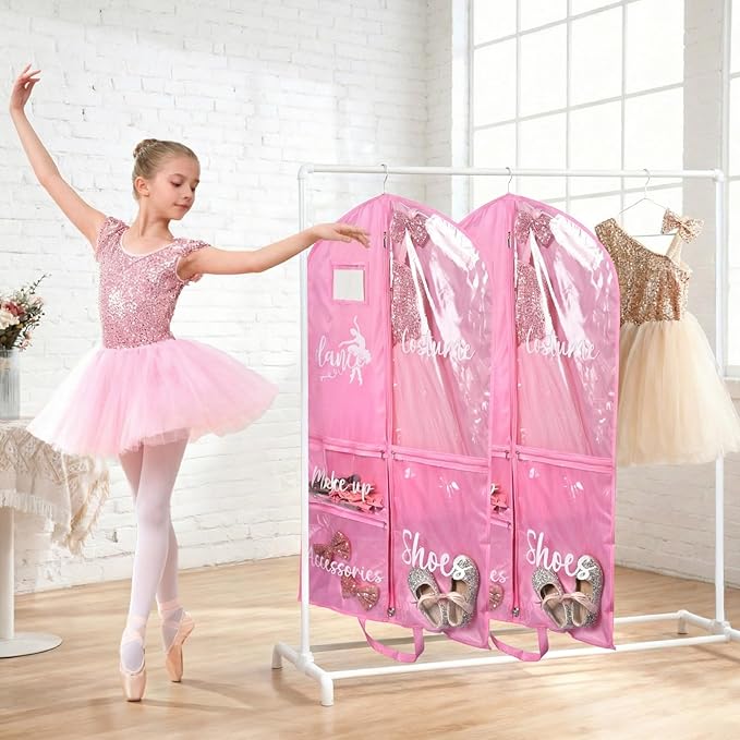 DEEKA Dance Garment Bag for Hanging Clothes with Zipper Pockets Dance Accessories Essentials Uniform Costume 40 Inch Dress Bags for Dance Competition Girls (Pink,White-Dance)