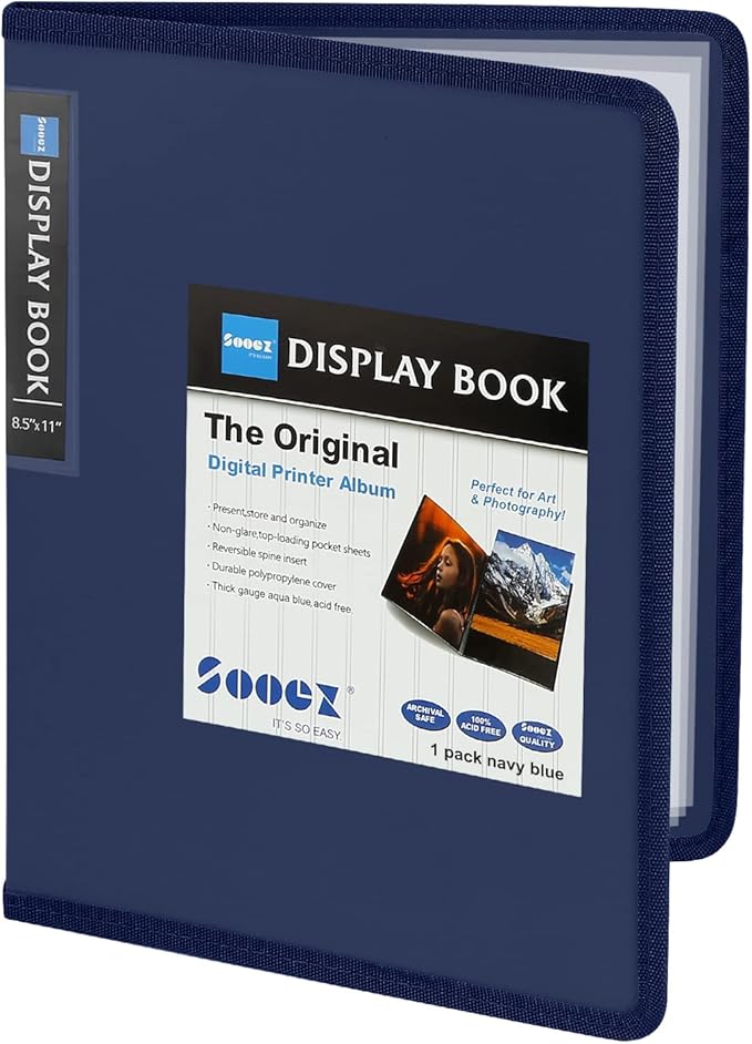 Sooez 30-Pocket Binder with Plastic Sleeves 8.5x11 (Navy Blue), Heavy Duty Art Portfolio Folder with Clear Sheet Protectors, Display 60 Pages, Presentation Book for Artwork, Document Organizer Binder