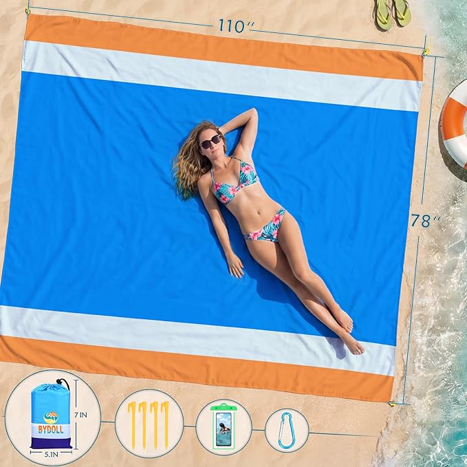 BYDOLL Beach Blanket Waterproof Sandproof Large Sand Free, 78''X110'' Oversized Sandless Lightweight Blanket Picnic Mat for Beach Travel Camping Hiking with Stakes