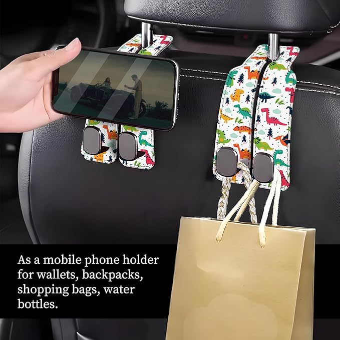 NUGGHU Car Seat Headrest Hook, Universal Leather Cute Hanger Holder Hook, Storage Organizer Interior Accessories for Purse Bags Handbag Colorful Cute Dinosaurs