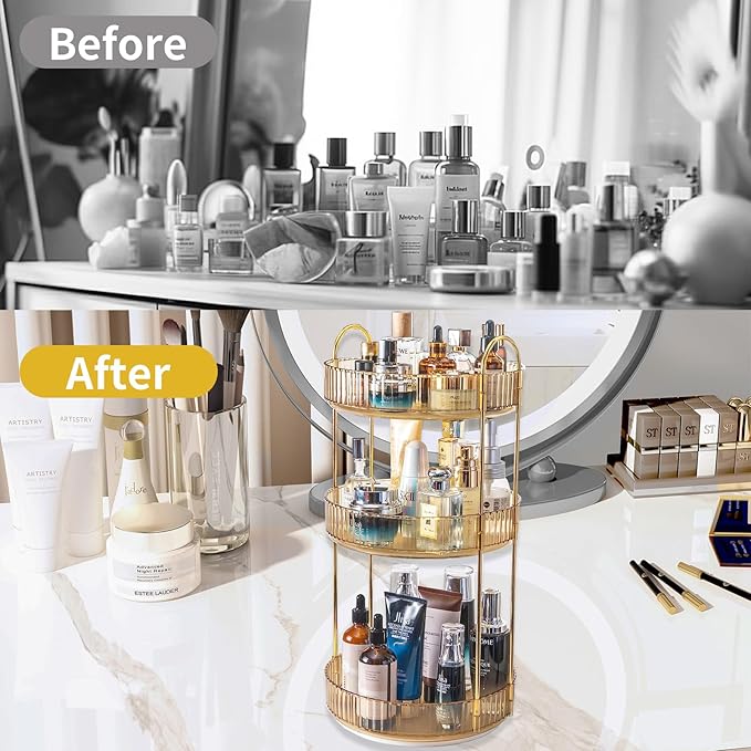 360 Rotating Makeup Organizer for Vanity, 3 Tier Large Capacity Vanity Storage, Skincare Perfume Spinning Organizer, Bathroom Cosmetics Storage Makeup Stand Organizer (Gold-3 Tier)