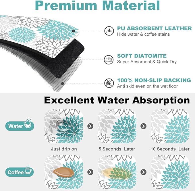 Findosom 2PCS 16" x 24" Dish Drying Mat & 24" x 5.5" Sink Splash Guard, Super Absorbent & Cuttable Dish Mat Drying Kitchen Mat with Teal Floral, Hide Stain Drying Mat for Kitchen Counter