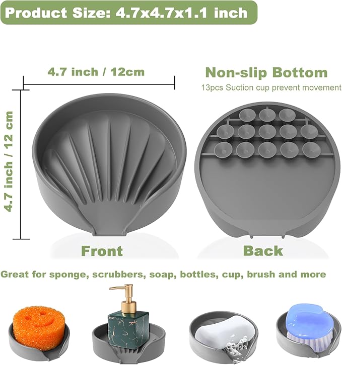 Sponge Holder for Scrub Daddy with Suction Cups and Drain Spout Kitchen Sink Caddy Organizer, Soap Dishes Holder Accessories Rack, Dishwasher Safe - 4.7"x4.7", Dark Gray