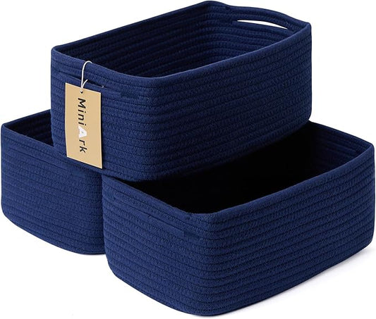 MiniArk Small Storage Baskets for Organizing | Closet Organizer Bins | Shelf Toy Basket | Woven Rope Baskets | Cube Decorative Box | Shallow Basket | 13x8.5x5.1” | 3 Packs Navy Blue