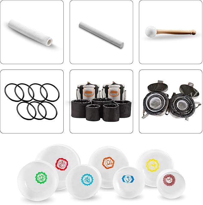 Ryan Dvan 432Hz 7-12 Inch 7 Chakra Design Crystal Singing Bowl Set Frosted Quartz Crystal Sound Therapy Kit with Mallets 2 Cases O-Ring for Yoga Meditation Energy Balancing Reiki Healing