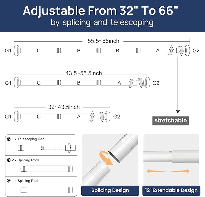 ENJOYBASICS 2 Pack Adjustable Spring Tension Curtain Rods 32 to 66 Inches, Stainless Steel White Shower Rod No Drilling for Window, Bathroom, Closet, Room Divider, 7/8" Diameter