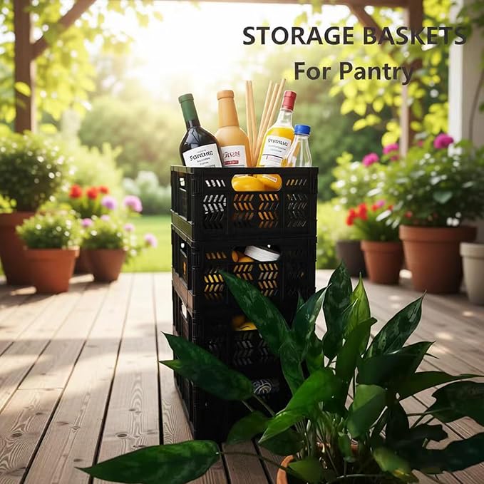 TSMAPLE 4-Pack 20L Foldable Storage Crates, Heavy Duty Plastic Milk Crates for Storage, Multi-Purpose Organizer Box, Collapsible Basket with Handle Suitable for Home Office School Store, Black