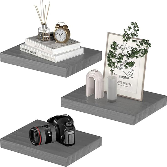 Small Floating Shelves for Wall - 12 x 9 Inch Grey Shelves for Bedroom, Living Room, Bathroom, Kitchen, Office Decor Set of 3