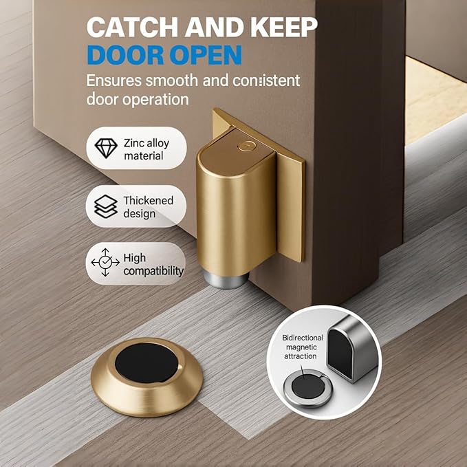 Door Stopper for Bottom of Door, Invisible Magnetic Door Stop No Drill, 2026 New Heavy Duty Door Holder to Keep Doors Open, Rust-Proof Floor or Wall Mount Door Wedge Stopper (Brushed Gold)