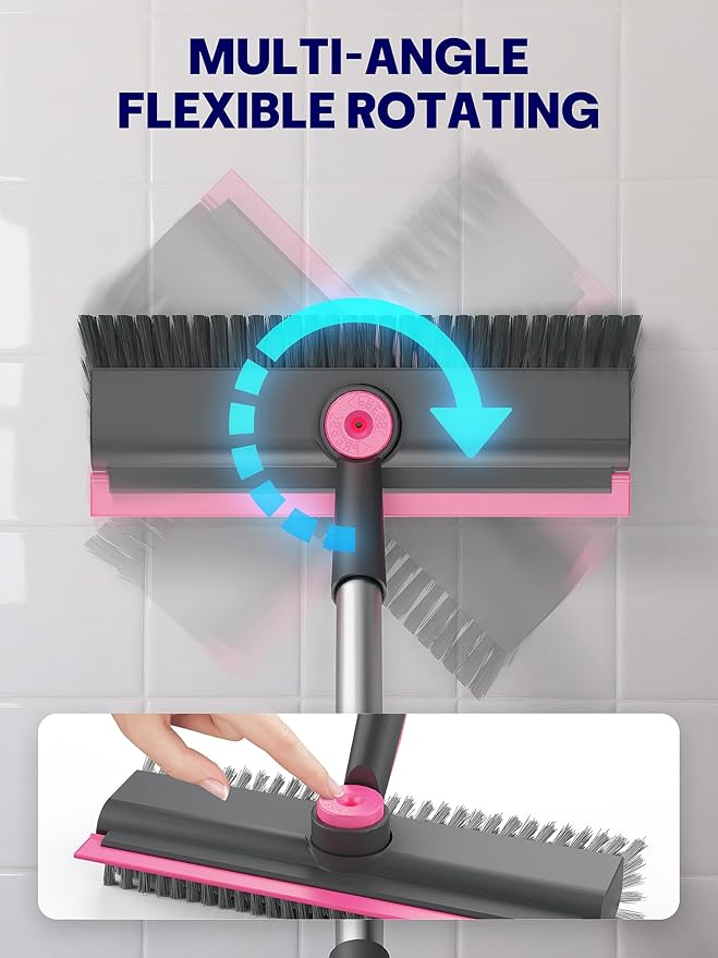HelpX Floor Scrub Brush with Long Handle, 3 in 1 Multi-angle Swivel Right Angled Bristle Floor Scrubber Brush with Squeegee and Tweezer for Tile Wall Deck Bathroom Patio Garage Kitchen (Pink and Grey)