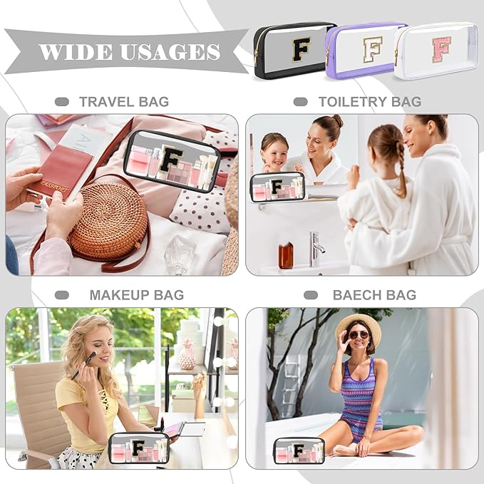 Personalized Initial Letter Clear Makeup Bag,Preppy Small Nylon&PVC Cosmetic Zipper Bag with Chenille Letter,Travel Skincare Toiletry Bag,Monogram Christmas Gift for Teen Girls Women,F