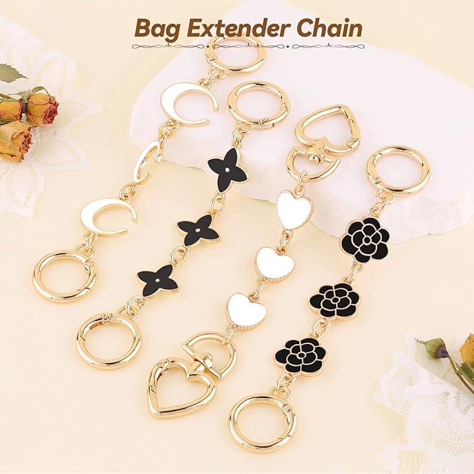 4Pcs Bag Extender Chain (White and Black Multishapes) Purse Extender Chains Bag Strap Extender for Handbags Shoulder Bag, Metal Gold Chain Replacement Purse Bag Chains Accessories Mother's Day
