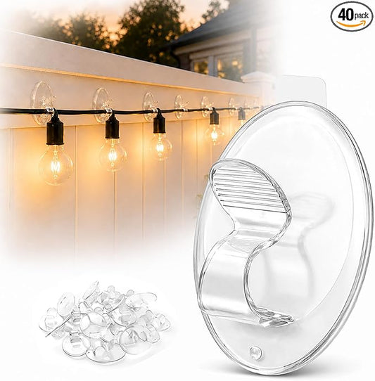 Hooks Lights Clips Outdoor String - 3X Stronger Adhesion 40Pcs Clear Heavy Duty Hangers Waterproof Adhesive - Sticky Removable 0 Residue No Drill Indoor Garage - for Patio Fence Gutters Wall Christmas