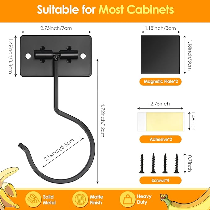 2PCS Self Adhesive Banana Hook Under Cabinet Foldable Banana Hanger Black Metal Under Counter Banana Hook to Keep Bananas Fresh Banana Holder for Kitchen RV Space Saving