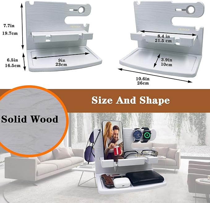Gifts for Women Girlfriend Him Men Dad Husband Boyfriend Nightstand Organizer Wood Phone Docking Station(White)