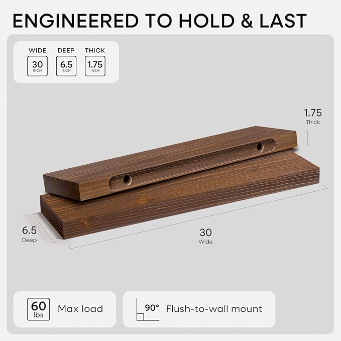 Homeforia Classic Walnut 30 inch Floating Shelf, High-End Solid Real Wood Small 30-inch Floating Shelves for Wall Mounted, 30in Floating Shelves, Heavy Duty Bracket, 30 x 6.5 x 1.75 inches, Set of 3
