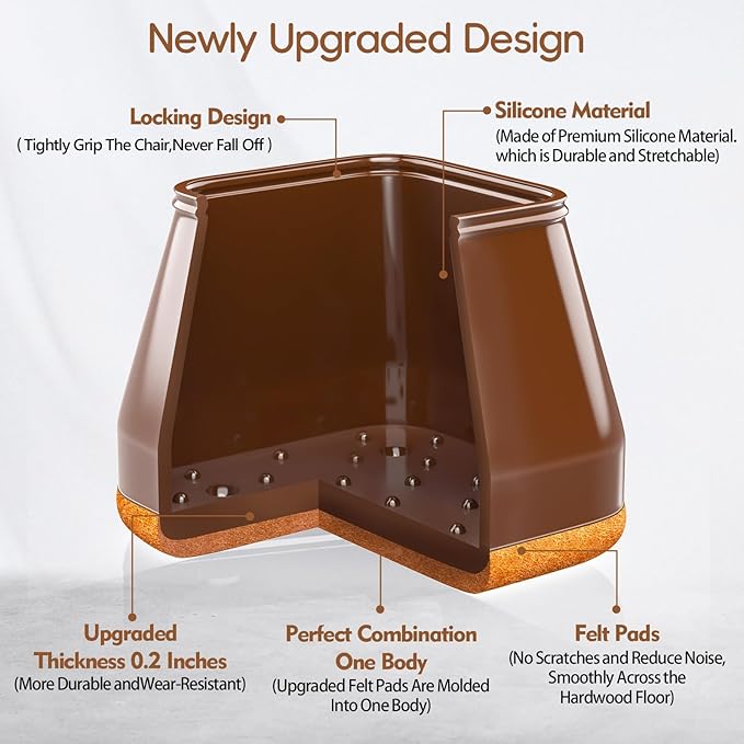 28Pcs Square Chair Leg Floor Protectors with Wrapped Felt Bottom, Silicone Chair Leg Protectors for Hardwood Floors, Chair Legs Cover Prevents Scratches & Reduce Noise (Brown XS Fit 0.63"-0.83")