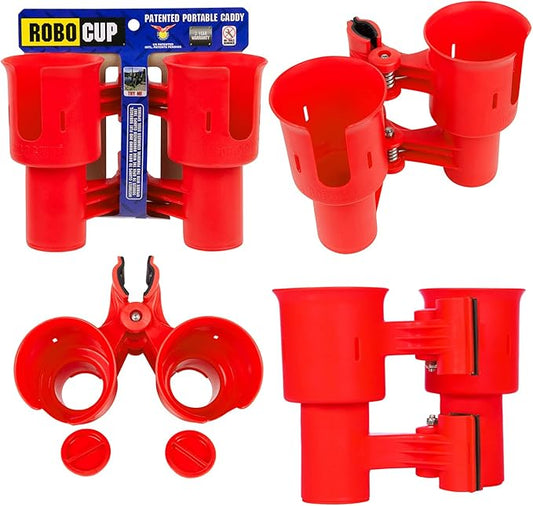 ROBOCUP, (Red), Patented Clamp On Boat Cup Holder |Multifunction Dual Drink Caddy for Fishing Poles, Tools, Net, Gaff |Portable Storage for Boating, Beach, Umbrellas, Golf Carts, Strollers