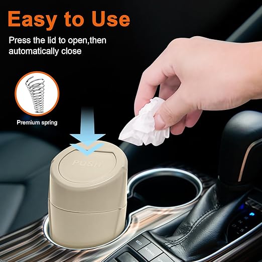 Kincown Car Trash Can, Mini Car Trash Bin with Lid, Leakproof Cup Holder Car Garbage Can with 20 Trash Bags, Vehicle Front Back Seat Organizers and Storage for Car, Home, Office, Beige