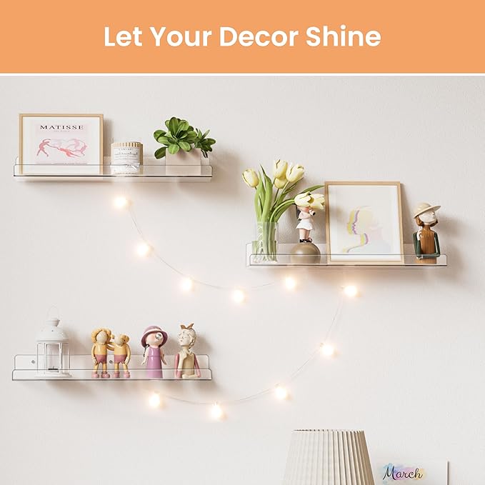 upsimples Acrylic Shelves for Bathroom Storage, 15" Floating Shelves Wall Organizer for Perfume, Makeup, Skincare, Kids Bookshelf for Bedroom, Nursery, Living Room Decor, Clear, 4 Pack