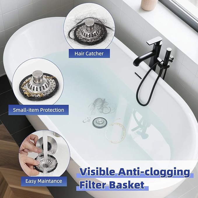 Metal 2 Pack Bathtub Drain Stopper with Top Hair Catcher, 3 in 1 Pop-up Bathtub Strainer, Tub Stopper with Detachable Stainless Steel Filter Basket for Standard 1.5 to 2.4'' Drain, Brushed Nickel