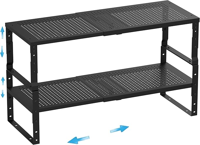 Wobmmi Expandable, Adjustable & Stackable Spice Rack, Cabinet Kitchen Countertop Shelf Organizer, Metal Pantry Storage Shelves - Space-Saving Storage Solution (2 Packs/Black/Medium)