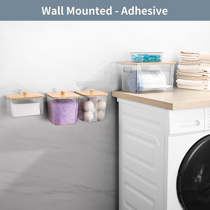 YAFFWA Extra Large Trash Bag Holder 4 Pack Garbage Bag Dispenser Roll Holder with Lid Laundry Room Organizer Under Sink Stackable Storage, Wall Mounted Laundry Dryer Sheet Holder Clear Pod Container