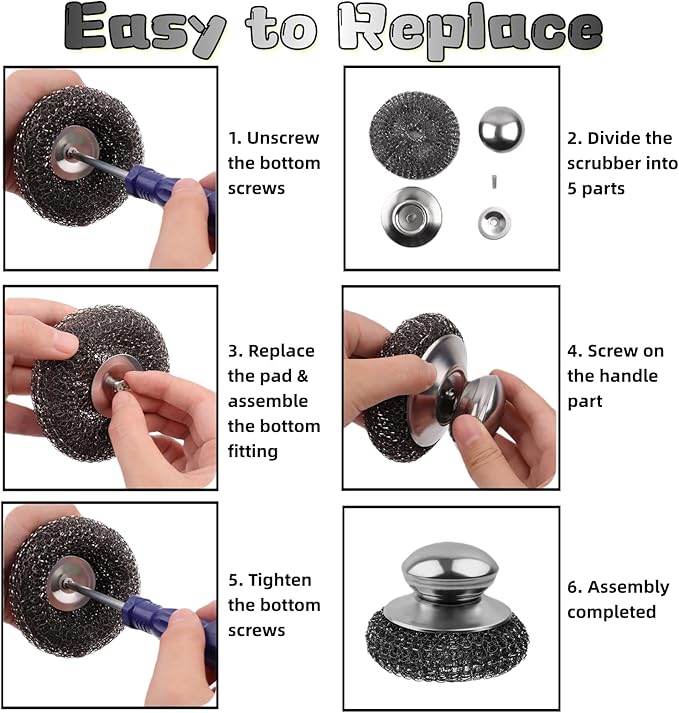 Stainless Steel Scrubber, 2 Scrubber with Handled + 4 Pads Heavy Duty Metal Wire Cleaner for Kitchen Pots, Pans, Ovens & Bathroom Stains, Rust & Grease Remover
