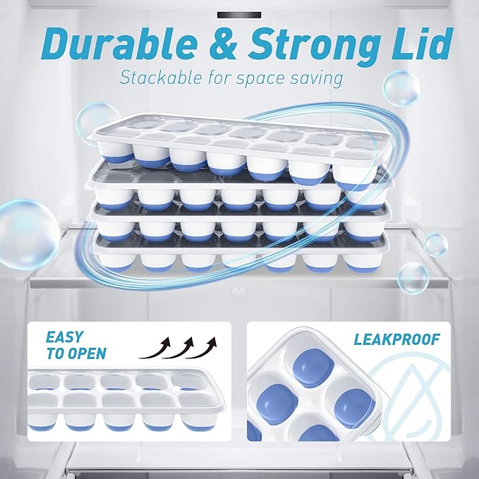 Ice Cube Tray with Lid, 4 Packs 56 Cubes Durable Stackable Ice Cube Trays for Freezer with Removable Lids, Easy-Release Plastic & Silicone Ice Tray for Cocktail, Coffee