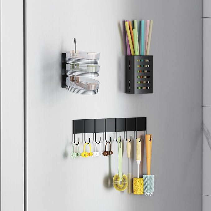 Magnetic Cup Holder for Fridge, Aufworld Tumbler Organizer with 8-Hook Rack, Fits 20/30/40 oz Stanley Cups, Accessory Storage with Lid & Straw Holder, Water Bottle Organizer for Kitchen Refrigerator