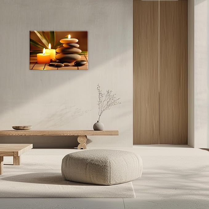 Zen Canvas Wall Art Candles Stones Pictures Print Spa Serene Still Life Painting Meditation Framed Artwork for Spa Yoga Room Bathroom Decor(Artwork-1,12"x18")