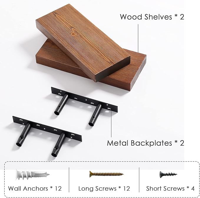 WELLAND Bradley Floating Shelves Handmade Wood Wall Shelf Set of 2,Tudor Oak Wall Mount Shelf (Set of 2, 12 inch)
