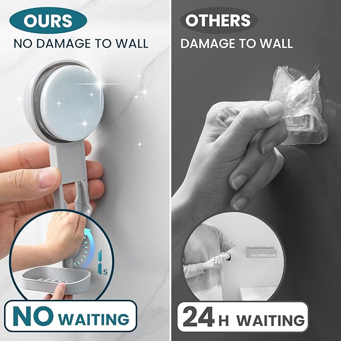 TAILI Soap Dish Bar Holder Suction Cup, SoapSaver with Powerful Vacuum Suction, Sponge Holder for Shower, Bathroom, Tub and Kitchen Sink, Universal Shower Accessories, Drill-Free, Removable, 2 Pack, Grey