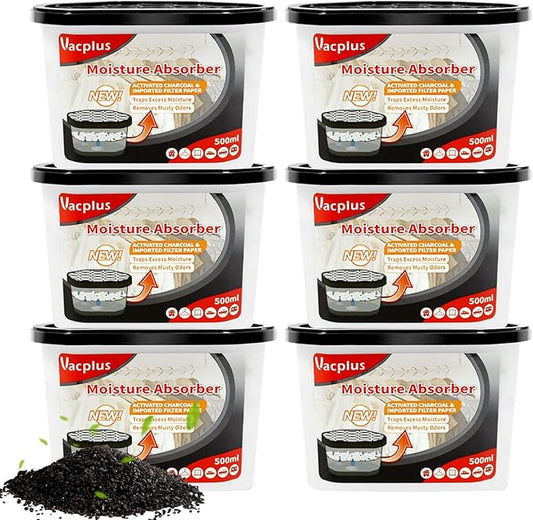 Vacplus Moisture Absorbers 6 Pack, Portable Humidity Absorber Boxes for Your Bathroom, Closet & Car, Dehumidifier with Activated Charcoal, 10.5 Oz