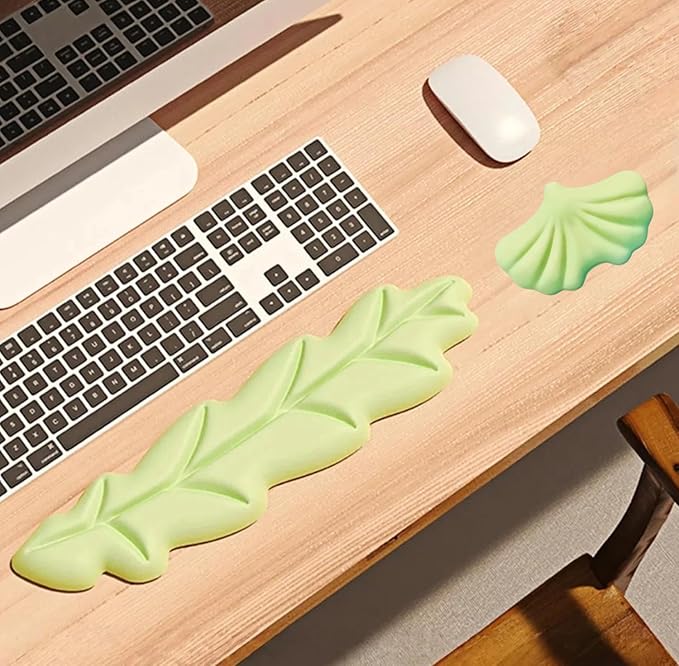 Angel Wing Wrist Rest Ergonomic Memory Foam Wrist Rest for Computer Keyboard Mouse Set, Cute Gaming Keyboard Cushion Hand Support PU Leather Surface Anti-Slip Waterproof Green-Leaf