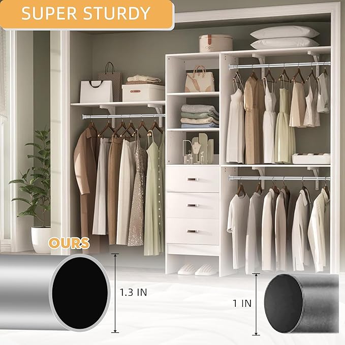 1.3 Inch Diameter Closet Rods for Hanging Clothes, 17-75 Inch Adjustable, Metal Heavy Duty Closet Pole, Silver Closet Bar for Hanging Clothes, Suitable for Closets, Wardrobes, Bathrooms, Windows