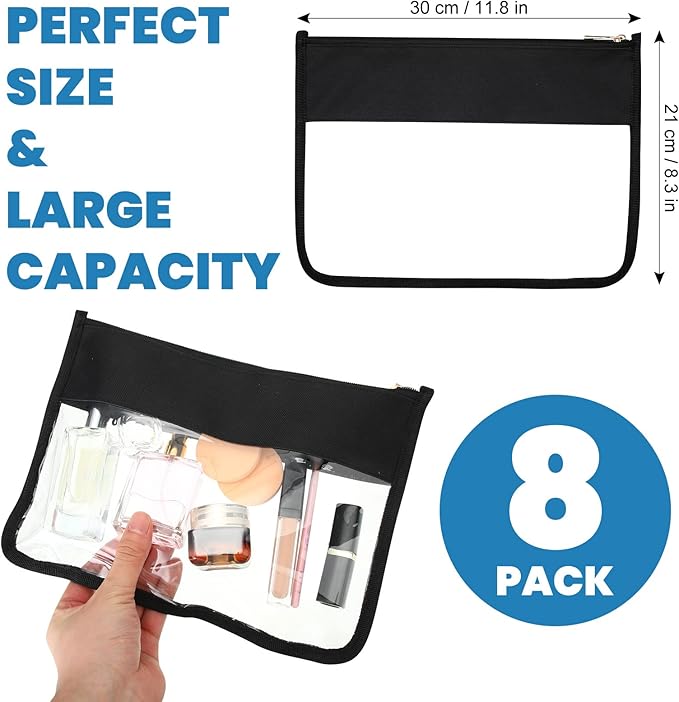 Teling 8 Pieces Clear Makeup Bags DIY Chenille Letter Pouch Clear Zipper Pouches Travel PVC Oxford Cloth Cosmetic Portable Waterproof Makeup Storage Bag Toiletry Snack Organizer for Women Girls, Black