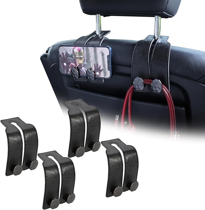 URIZZD 4 PCS Leather Car Seat Hooks for Headrest, Vehicle Hanger Storage Organizer Universal for Handbag Purse, Car Accessories Gift (Black-Black-4 PCS)