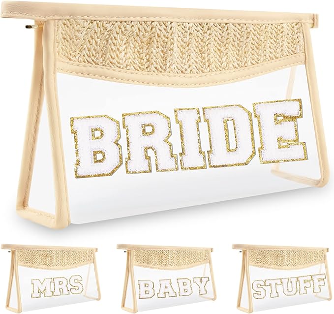 Boho Clear Makeup Letter Patch Makeup Bag BRIDE Pouch, Clear Toiletry Bag Travel Small Cute Chenille Letter Cosmetic Zipper Pouch Purse, Women Transparent Waterproof Glitter Wedding Make Up Bag(BRIDE)