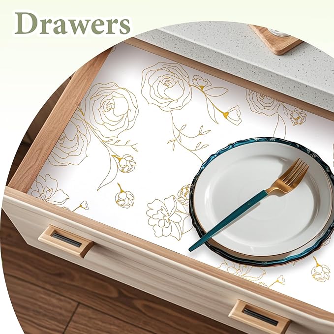 Shelf Liners for Kitchen Cabinets 17.5in x 20FT Non-Adhesive Drawer Liner Gold Floral Thickened Shelf Liner Paper Strong Non-Slip Easy to Clean for Tool Box Refrigerator with Knife and Tape Measure
