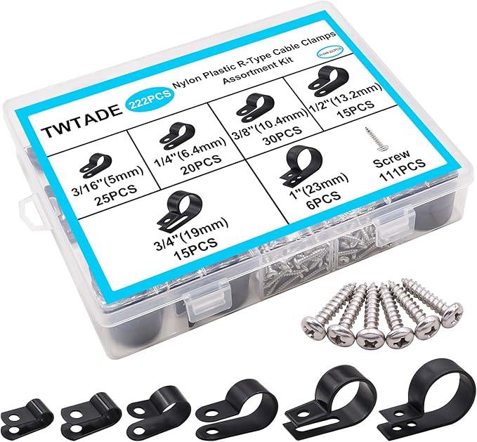 TWTADE 222PCS Black Cable Clamps Assortment Kit, Nylon Plastic R-Type 6 Sizes 3/16'' 1/4'' 3/8'' 1/2'' 3/4'' 1'' Cable Mounting Wire Clips Fastener with Screws for Wire Management