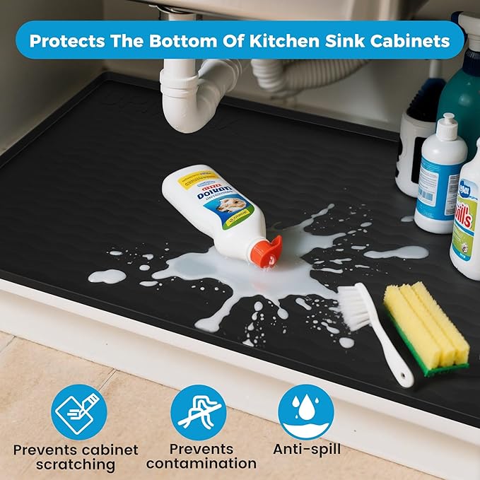 URMONA 22'' x 22'' Waterproof Silicone Under Sink Mat Cabinet and Counter Protector, Shelf Liner for Kitchen and Bathroom, Storage and Organizers, Litter Mat, Pet Cat Puppy Essentials（Light Cream）