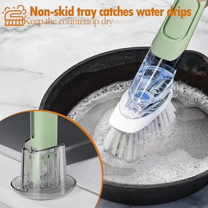 Dish Brush with Soap Dispenser Storage Set with 2 PCS Brush Refills & Holder, Dish Scrubber with Soap Dispenser, Dish Soap Brush, Dish Wand with Soap Dispenser for Dishes, Pans, Sink, Pots (Green)