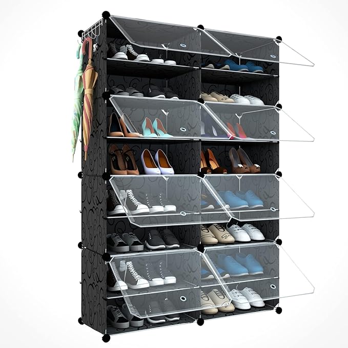 HOMICKER Shoe Rack Organizer, 32 Pair Shoe Storage Cabinet with Door, Expandable Plastic Shoe Shelves for Closet, Heels, Boots, Slippers, 8 Tier