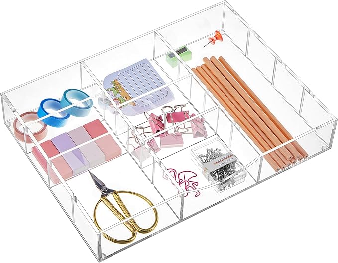 Briwooody Acrylic Drawer Organizer Clear Desk Drawer Organizer Trays with Adjustable Compartments Desk Accessories for Office Stationery Makeup Silverware Bathroom (Non-Expandable)