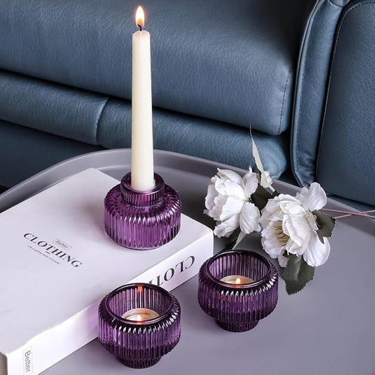Woho Purple Candlestick Holders Set of 4 for Halloween Decorations, Ribbed Glass Taper Candle Holders for Thanksgiving/Christmas, Vintage Candle Sticks Holder Decor for Fall Wedding Table Centerpiece